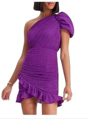 NWT EXPRESS Dress One Shoulder Purple Puff Sleeve Ruched Ruffle Hem MEDIUM